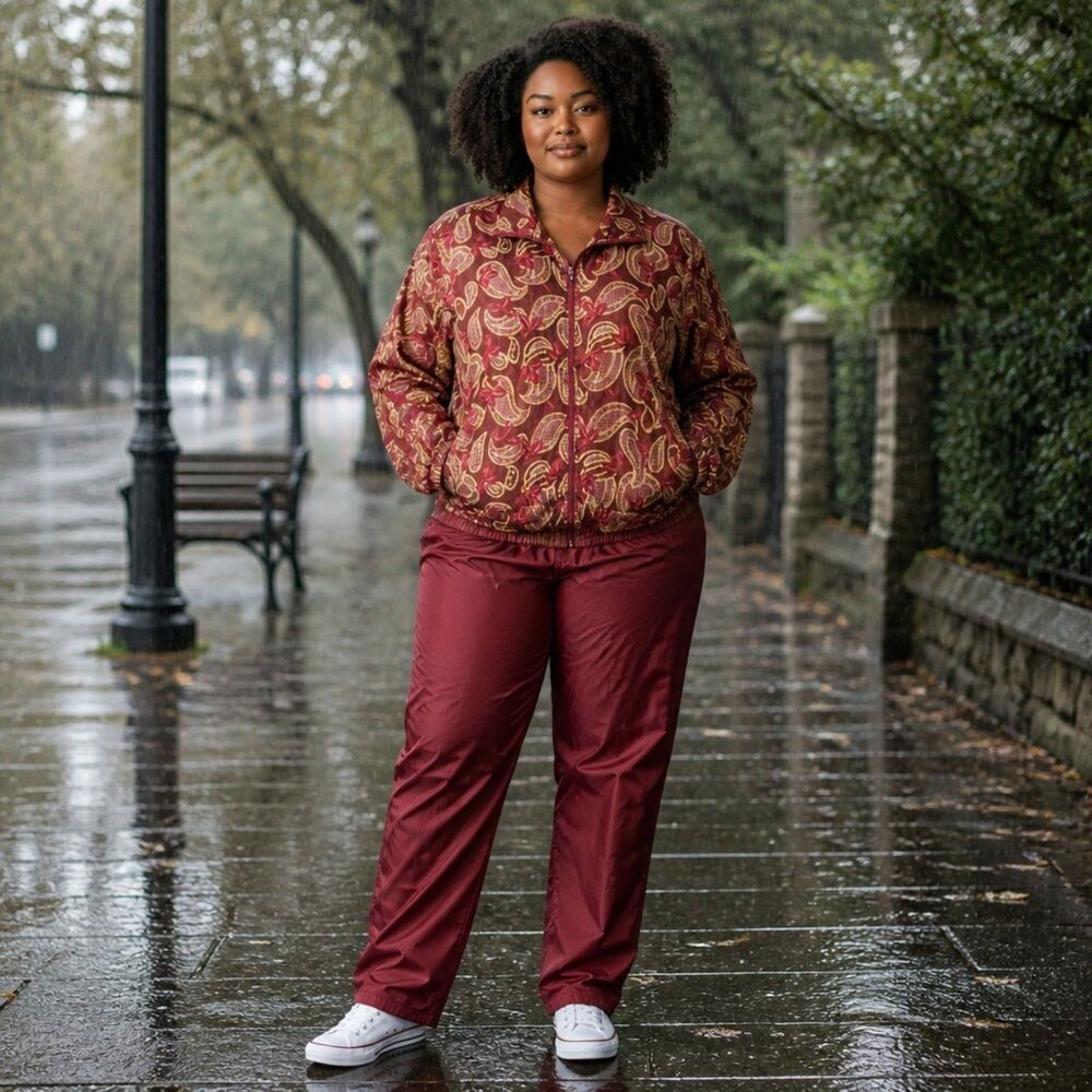 Vintage 90s 100% Silk Paisley Track Jacket Suit Burgundy Bomber Windbreaker
